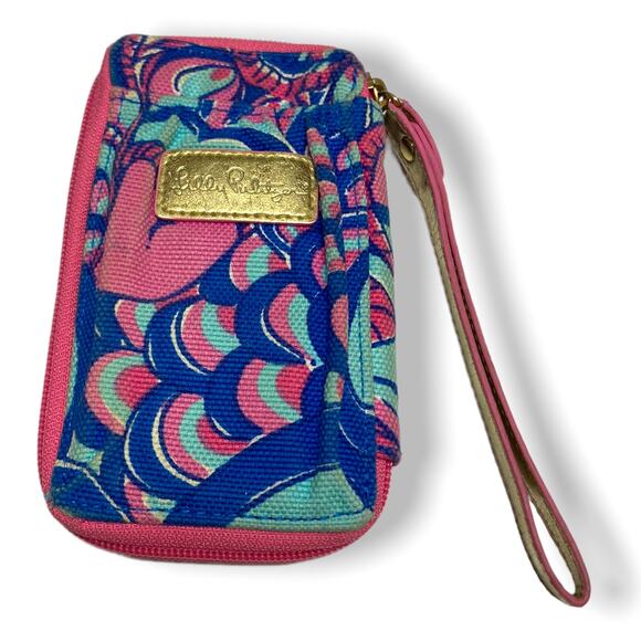 Lilly Pulitzer Zip Around Wallet Pink Blue 2015 Canvas Peacock Wristlet - Picture 1 of 7